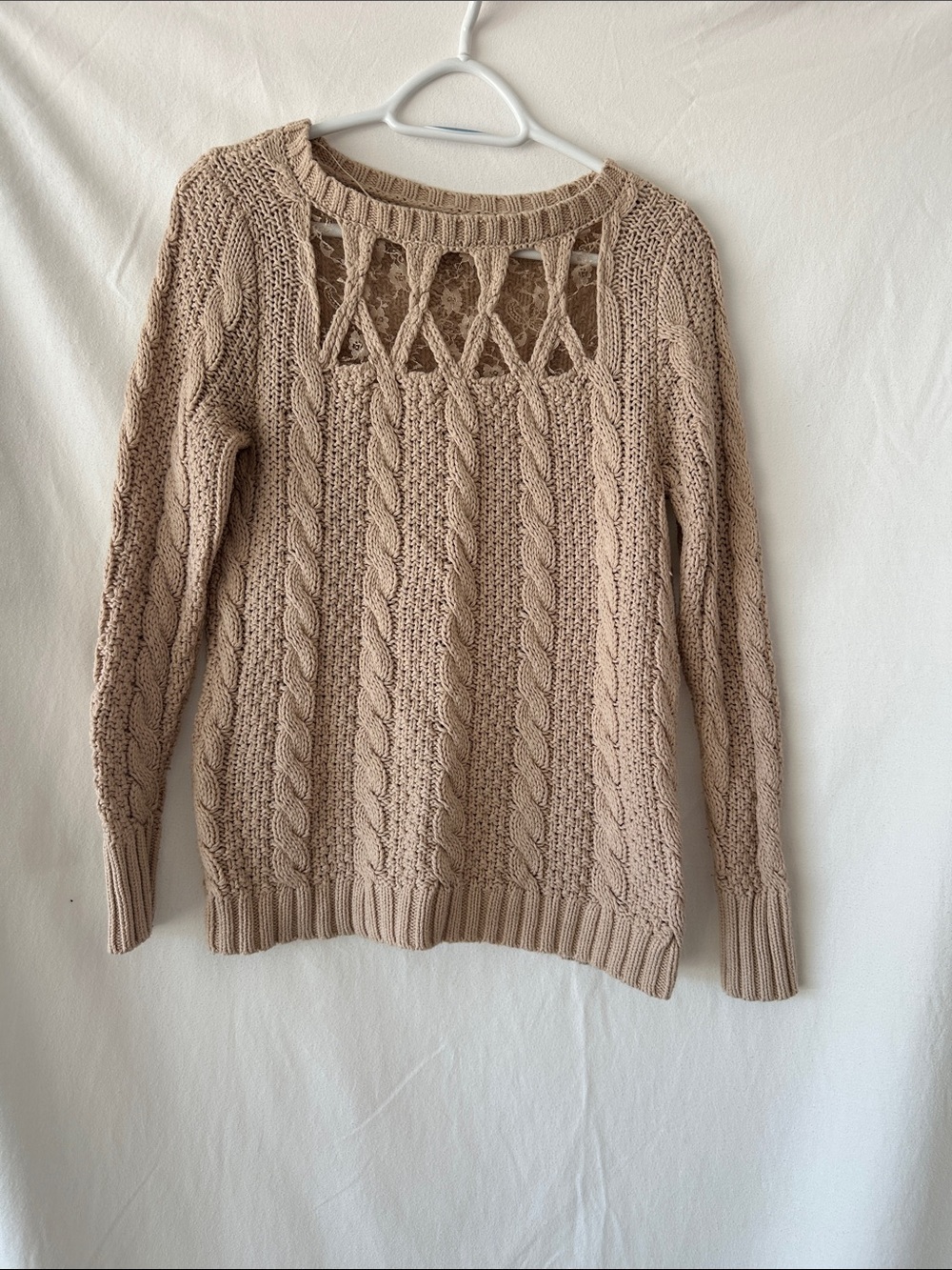 LC Lauren Conrad Taupe Cable-Knit Sweater with Front Cutouts